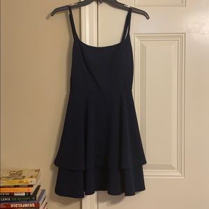 Navy fit & flare dress w/ lace back
